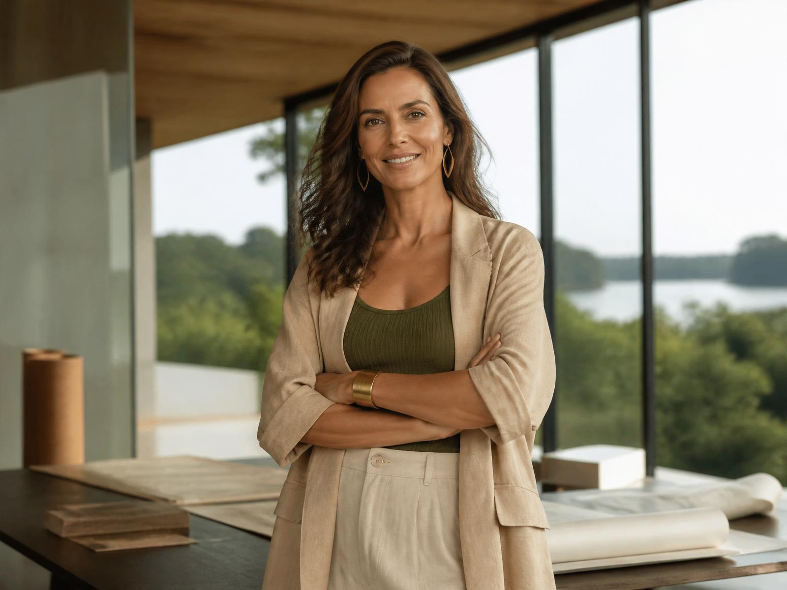 Empreendedora ARVO em ambiente contemporâneo com vista para a floresta